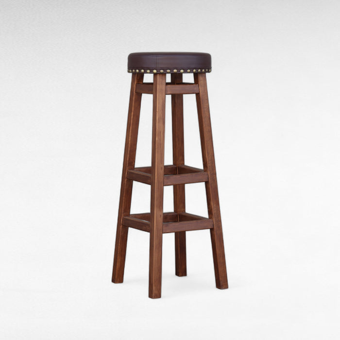 Height Wooden Green Bar Stool Made of Natural Alder Wood with a Soft Seat in the Style of an Irish Pub with metal rivets