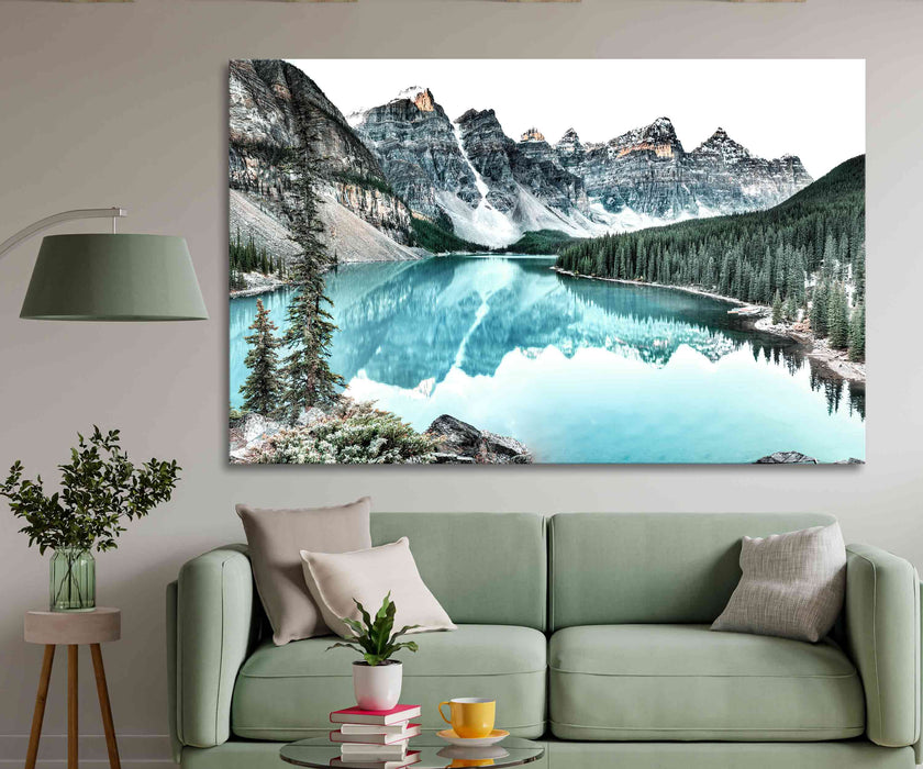 Deep Blue Lake at the foot of the Green Forest Mountains Poster or Canvas Print Framed Wall Art