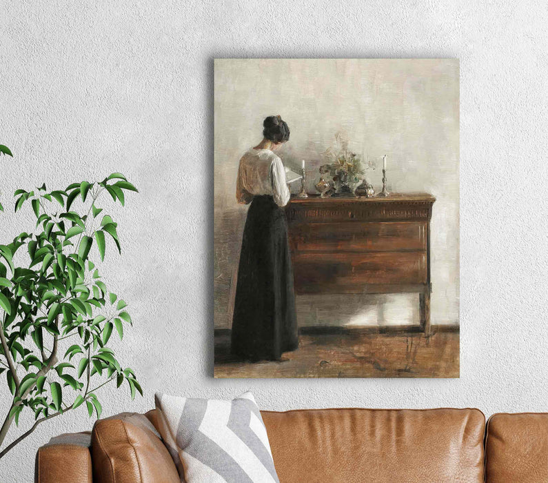 A Woman Reading Near Her Dresser Retro Paper Poster or Canvas Print Framed Wall Art