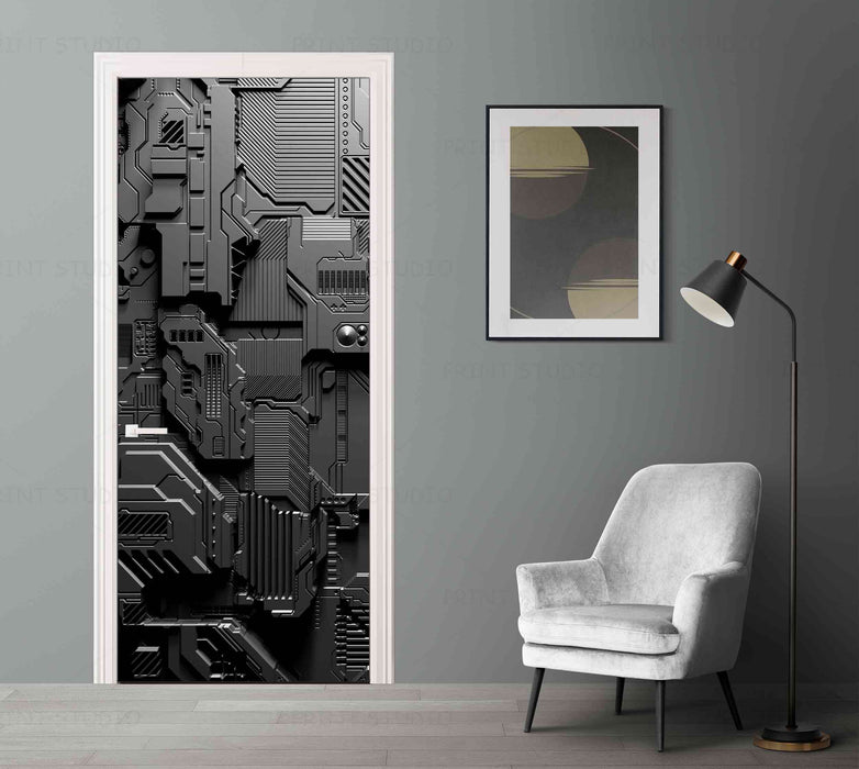 Modern Sci Fi Metal Door Mural Dark Gray Door Sticker
