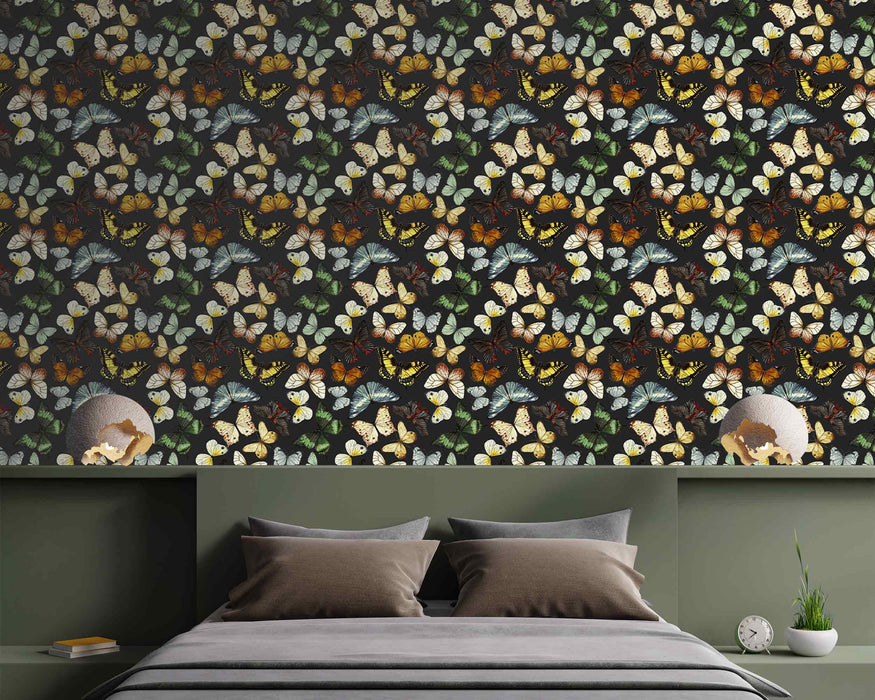 Butterflies on a Black Ground on Self-Adhesive Fabric or Non-Woven Wallpaper