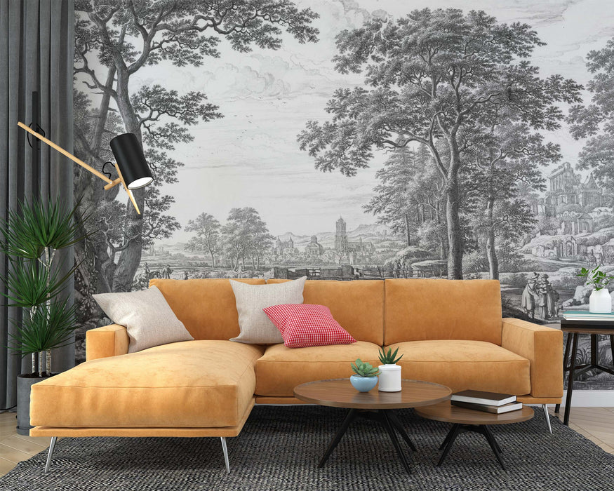 Old Big Trees on the Background of the Old City Retro Vintage Black and White on Self-Adhesive Fabric or Non-Woven Wallpaper