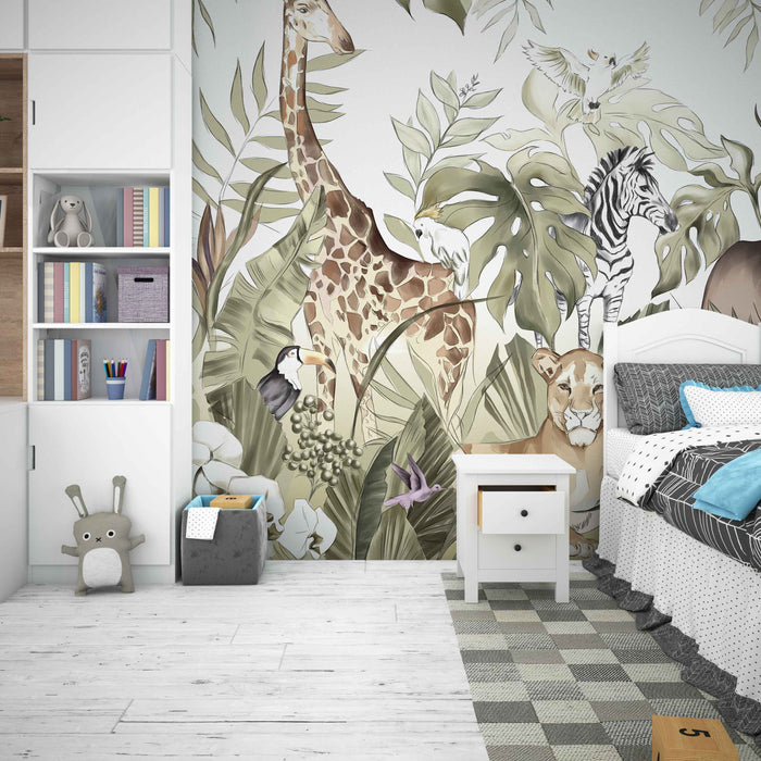 Animals in the Jungle on Self-Adhesive Fabric or Non-Woven Wallpaper