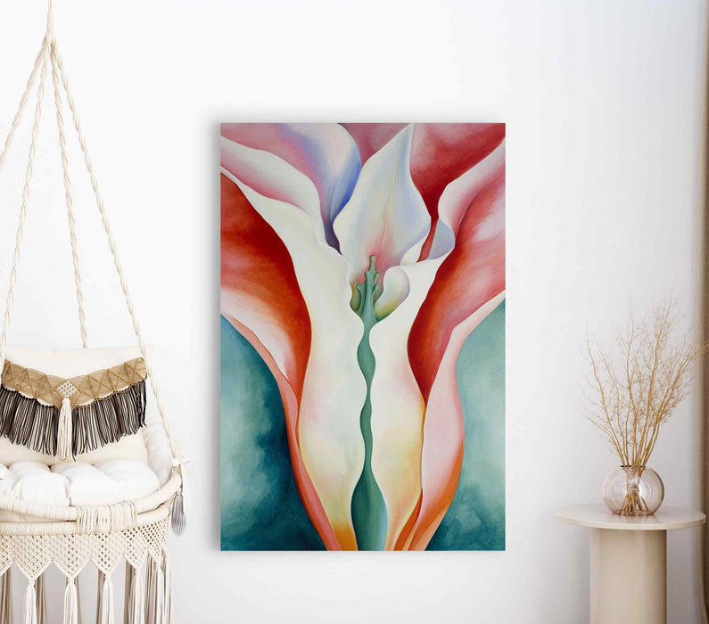 Calla lily, a beautiful delicate calla lily flower in red and pink color with green leaves Paper poster or canvas with print framed wall art