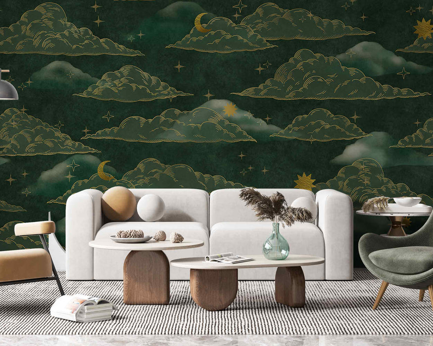 Golden curly white clouds on a green background Self-Adhesive Fabric or Non-Woven Wallpaper