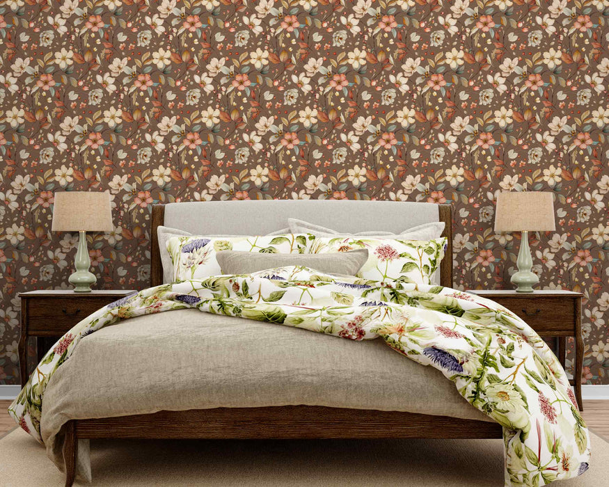 Flowers on Brown Background Self-Adhesive Fabric or Non-Woven Wallpaper Botanical Garden Mural Retro Floral Wall Art Home Decor
