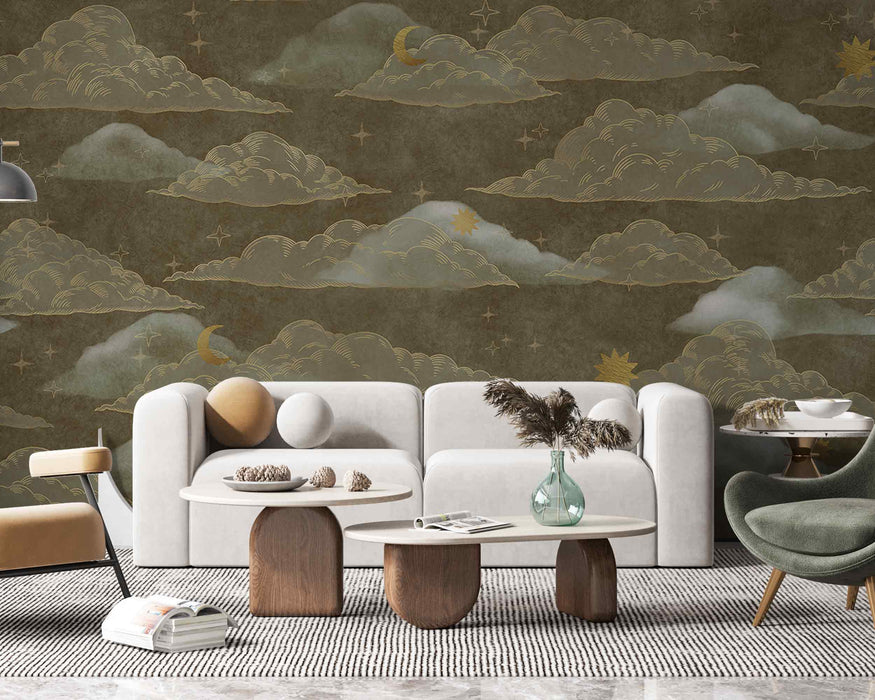 Clouds Curly on a Gray Green Background Self-Adhesive Fabric or Non-Woven Wallpaper