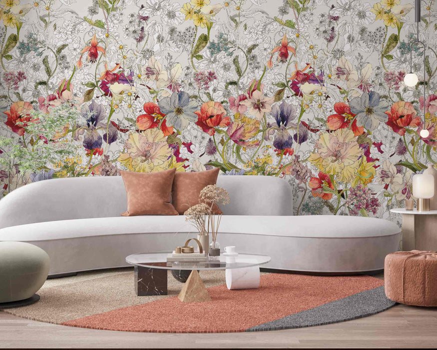 Beautiful Colorful Flowers on Self-Adhesive Fabric or Non-Woven Wallpaper