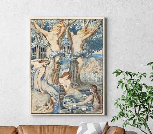 Nyads and Dryads Retro Painting by Walter Crane Reproduction Beautiful Women Near Large TreesPaper Poster or Canvas Print Framed Wall Art