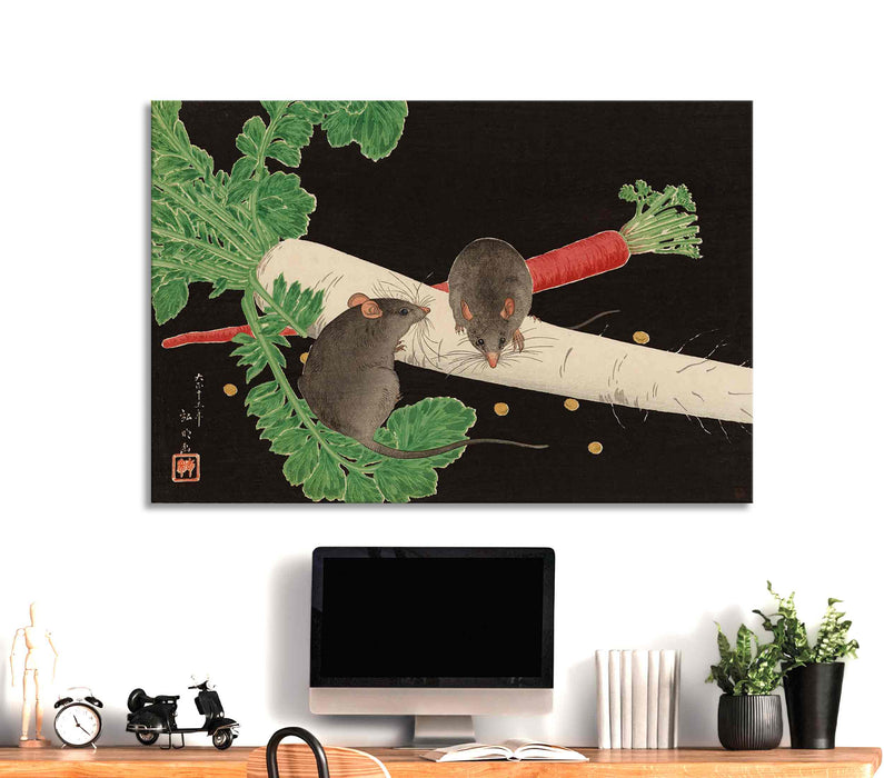 Rats and Root Vegetables Japanese Traditional Painting by Takahashi Hiroaki Paper Poster or Canvas Print Framed Wall Art