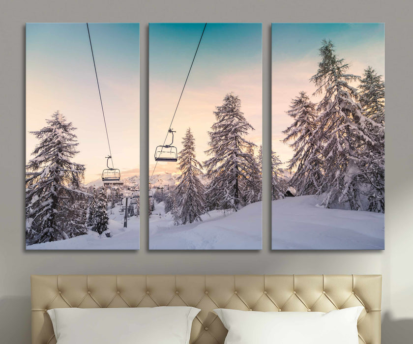 Winter Trees Ski Lift, Snowy Ski Resort, Ski Cable Car Poster or Canvas Print Framed Wall Art