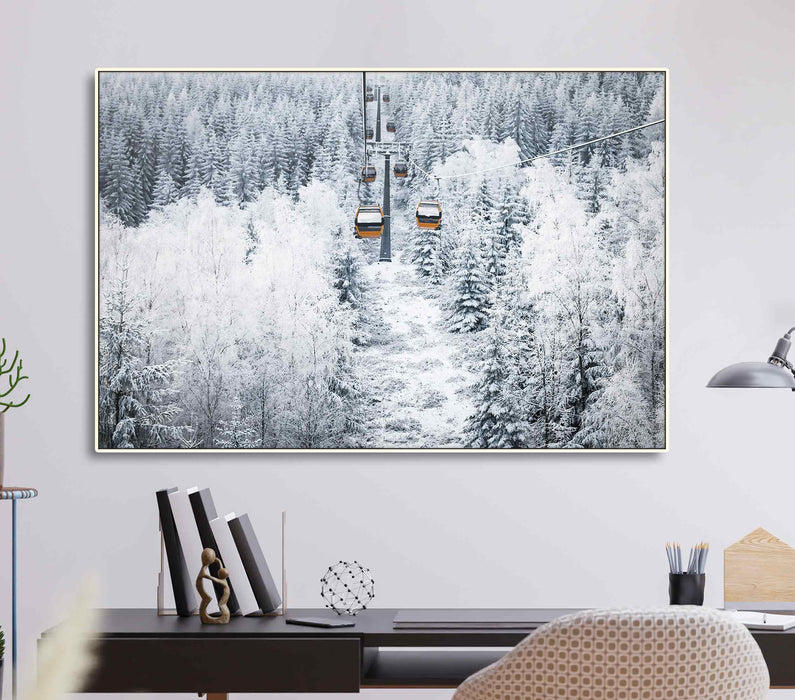 Ski Lift to the Mountains Ski resort Snow-covered fir Trees Winter Landscape Poster or Canvas Print Framed Wall Art
