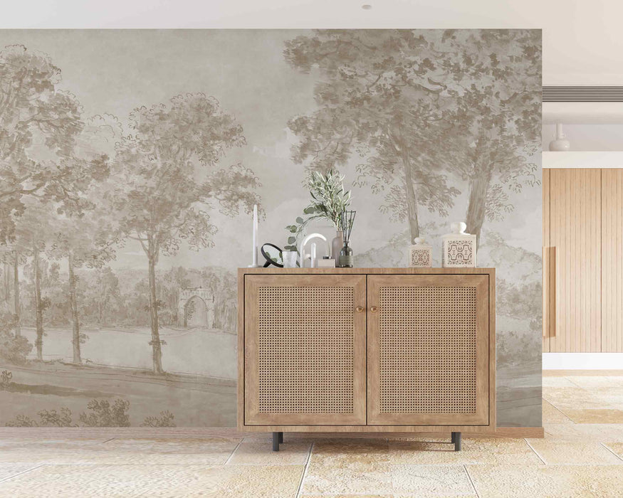 Pastel Rural Scene Wallpaper Self-Adhesive Fabric or Non-Woven Rustic Landscape with Trees Mural Vintage Nature Wall Art Decor