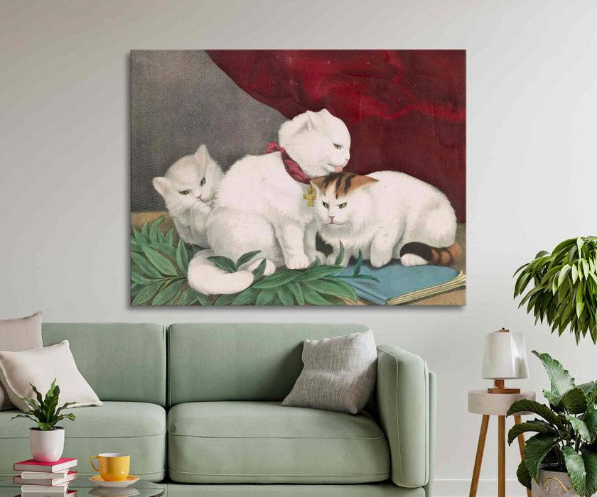 Little White Kittens Currier and Ives Lithographs Cats Color Reproduction Paper Poster or Canvas Print Framed Wall Art