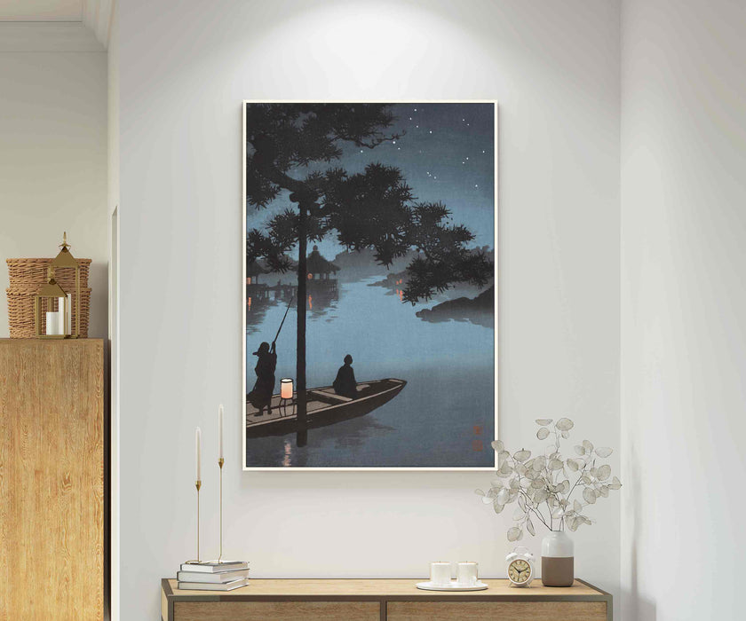 Koho Shoda Lake Biwa Reproduction Night Landscape River Boat Two in a Boat Lantern Vintage Japanese Art Print Ferry Asian Art Paper Poster or Canvas Print Framed Wall Art