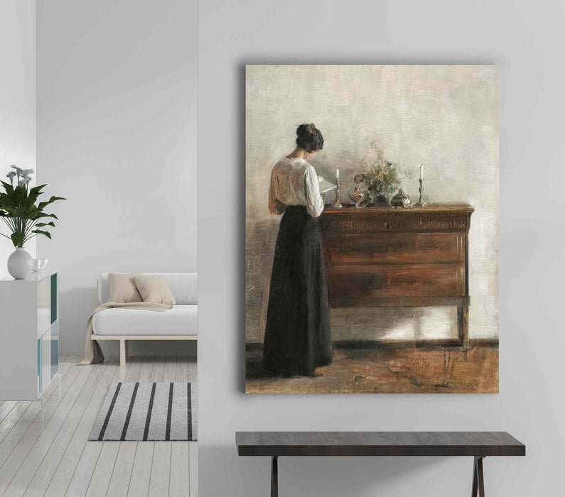 A Woman Reading Near Her Dresser Retro Paper Poster or Canvas Print Framed Wall Art