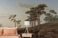 Big Green Trees on the Hill Retro Vintage Rustic Landscape Wallpaper Murals on Self-Adhesive Fabric or Non-Woven Wallpaper
