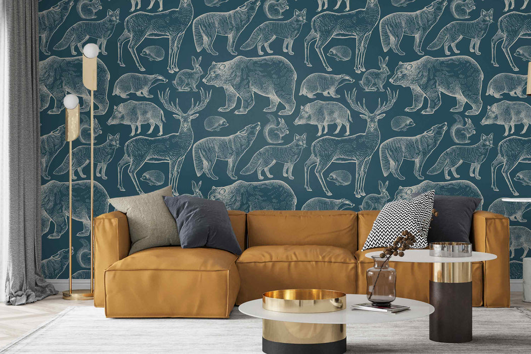 Modern Wallpaper Forest Animals on Blue Background Self-Adhesive Fabric or Non-Woven Minimalistic Mura