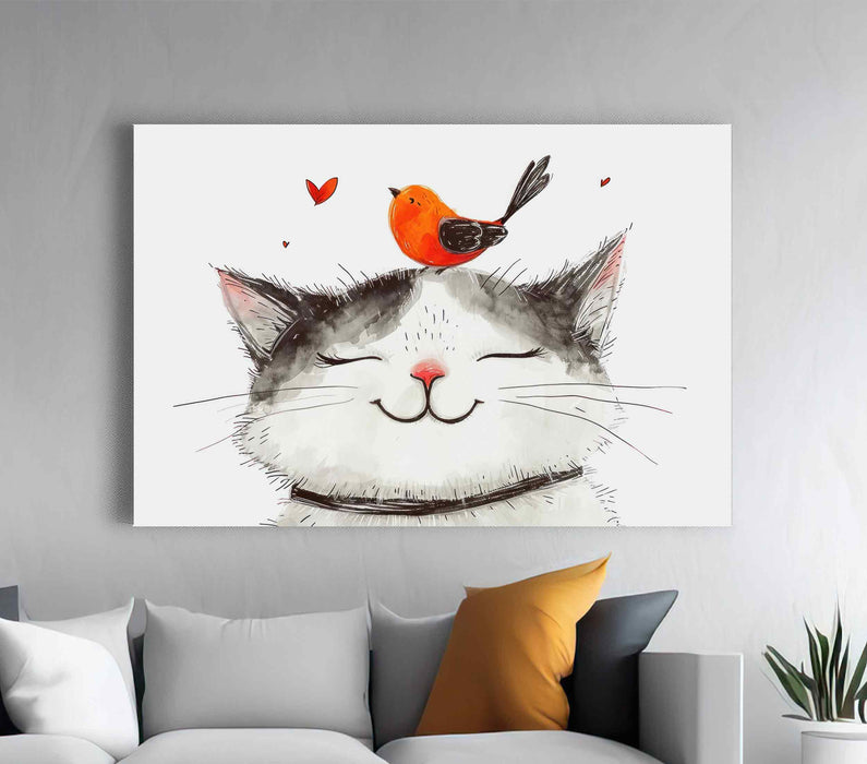 Funny Cat with a Smile with a Red Bird on his Head Paper Poster or Canvas Print Framed Wall Art
