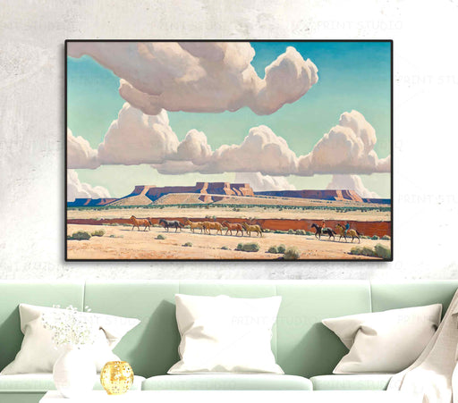 Wide and wild west, Wild horses in the desert, Blue sky with curly clouds Mountains Landscape nature picturesque Paper poster or canvas Print framed wall art