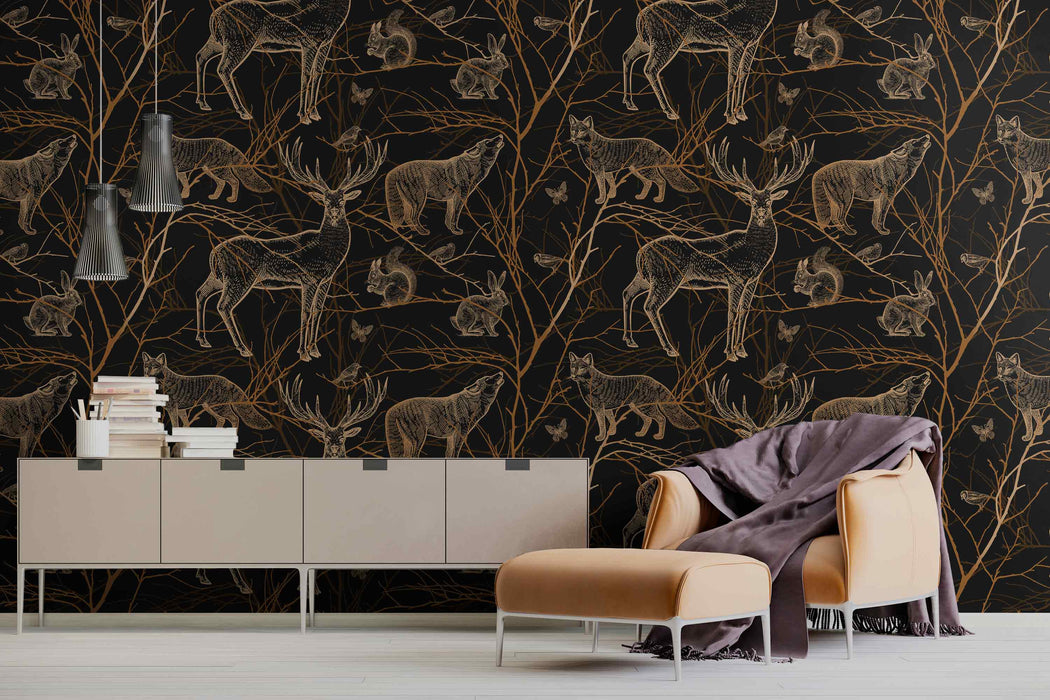 Modern Black with Animals Wallpaper Self-Adhesive Fabric or Non-Woven Minimalist Mural Forest Animals Wall Art