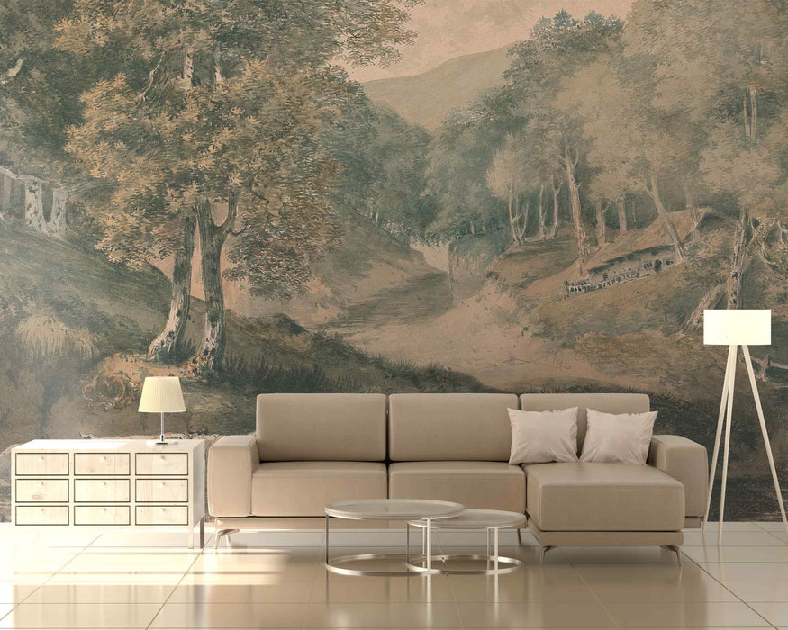 Vintage Forest Landscape Mural Self-Adhesive Fabric or Non-Woven Rural Animals Cows Wallpaper Rusti Scene with Big Trees Wall Art