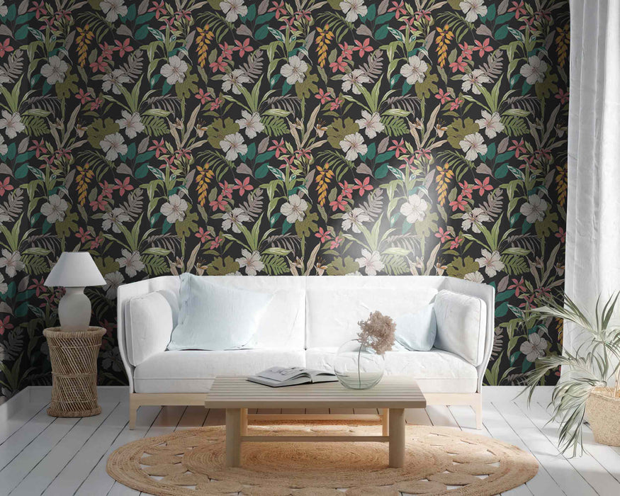 Beautiful Flowers and Green Leaves on a Black Background on Self-Adhesive Fabric or Non-Woven Wallpaper