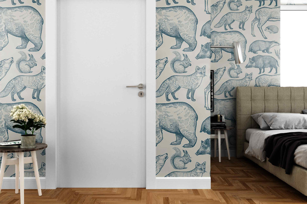 Minimalistic Modern Wallpaper with Forest Animals on White Background Self-Adhesive Fabric or Non-Woven Contemporary Mural
