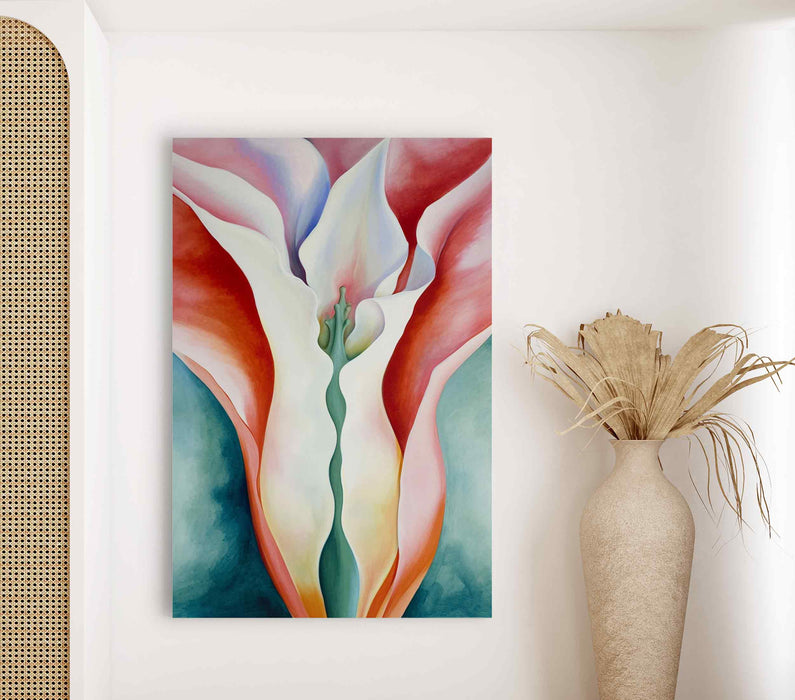 Calla lily, a beautiful delicate calla lily flower in red and pink color with green leaves Paper poster or canvas with print framed wall art