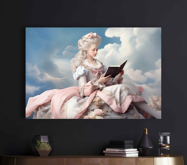 Beautiful Girl On Canvas Retro Pink Living Room Wall Décor Girl who reads Blue sky with clouds Classical Art Vintage Decor Victorian Woman one panel Paper Poster or Canvas Print Framed Wall Art