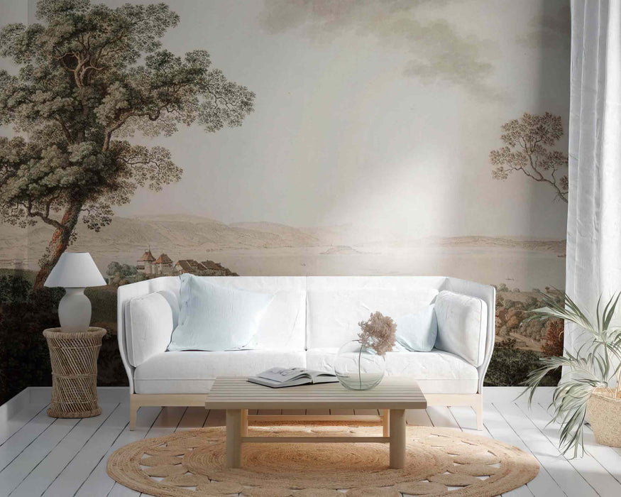 Rustic Landscape of Trees on a Hill Above a Lake on Self-Adhesive Fabric or Non-Woven Wallpaper