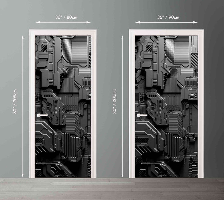 Modern Sci Fi Metal Door Mural Dark Gray Door Sticker