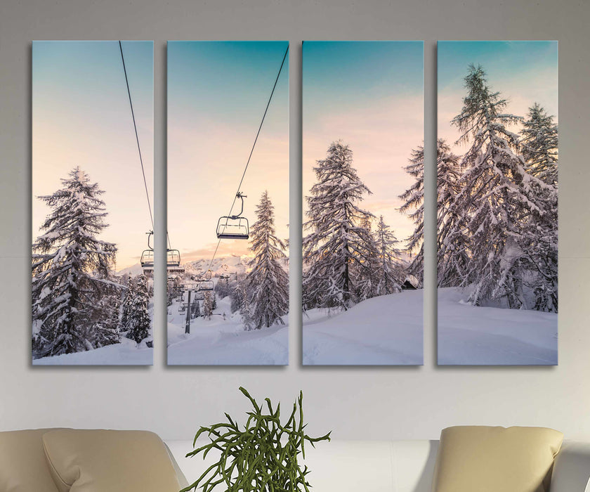 Winter Trees Ski Lift, Snowy Ski Resort, Ski Cable Car Poster or Canvas Print Framed Wall Art