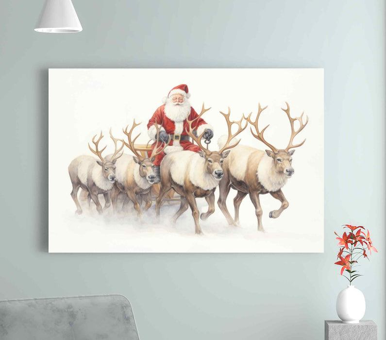 Santa Claus with Reindeer Christmas Picture Paper Poster or Canvas Print Framed Wall Art