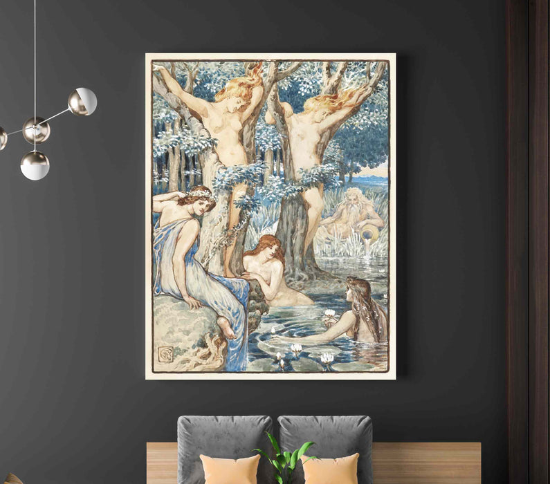 Nyads and Dryads Retro Painting by Walter Crane Reproduction Beautiful Women Near Large TreesPaper Poster or Canvas Print Framed Wall Art