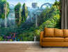 Flying Green Mountains Fantasy on Self-Adhesive Fabric or Non-Woven Wallpaper
