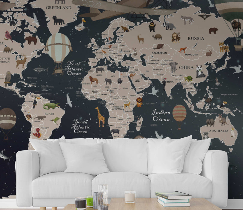 Children's World Map on Self-Adhesive Fabric or Non-Woven Wallpaper