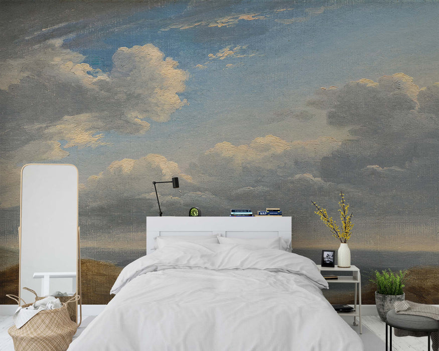 Sky Clouds on Wall and Ceiling Minimalistic Mural Self-Adhesive Fabric or Non-Woven Pastel Colors Wallpaper Blue Sky Gray Clouds Wall Art Vintage Watercolor Home Decor