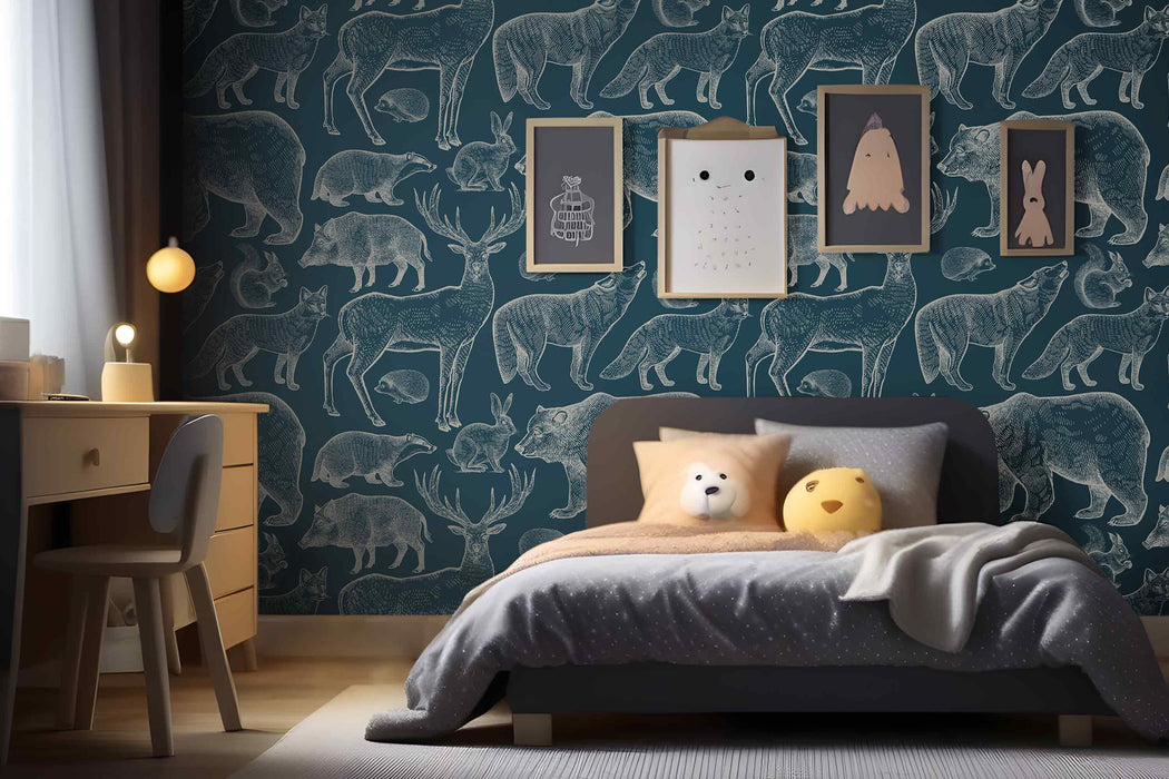 Modern Wallpaper Forest Animals on Blue Background Self-Adhesive Fabric or Non-Woven Minimalistic Mura