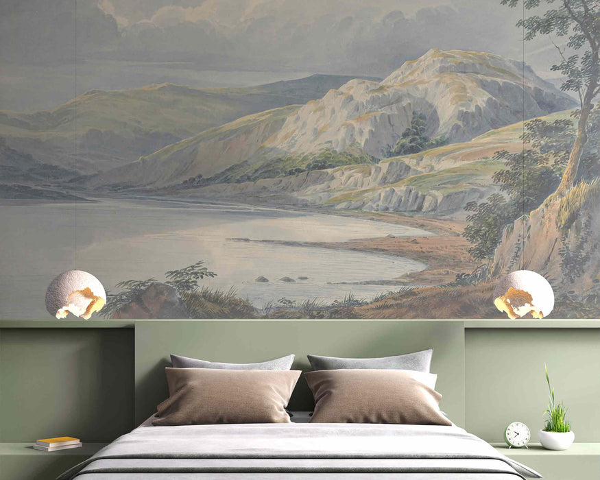 Pastel Colors Nature Mountains 120х80 on Self-Adhesive Fabric or Non-Woven Wallpaper Vintage Lake Mural Ladscape Wall Art