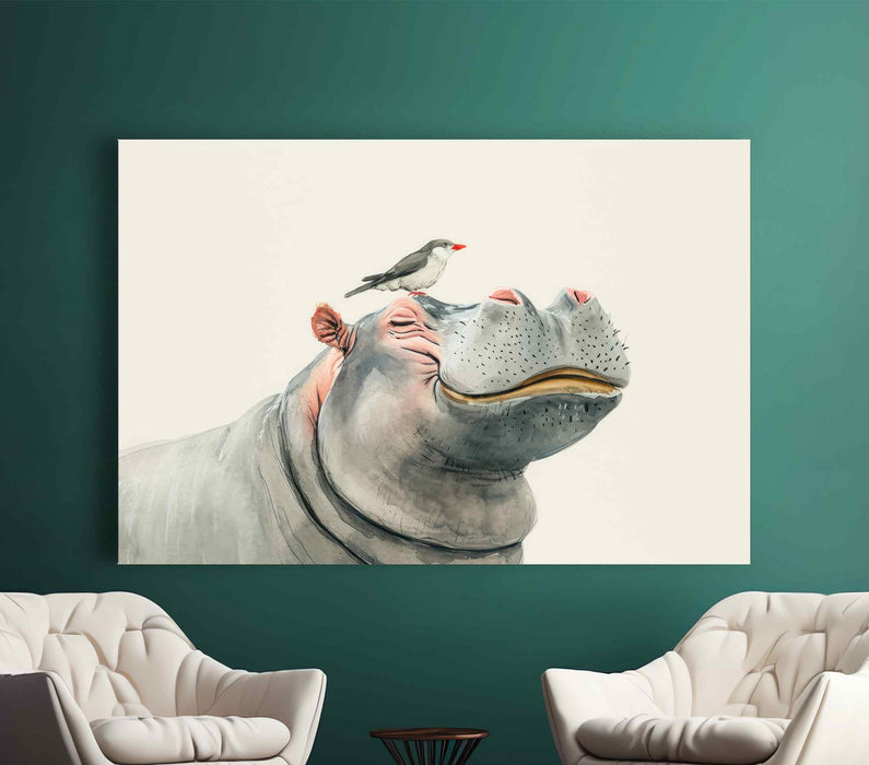 Cute and funny hippo with a bird on his head Paper Poster or Canvas Print Framed Wall Art