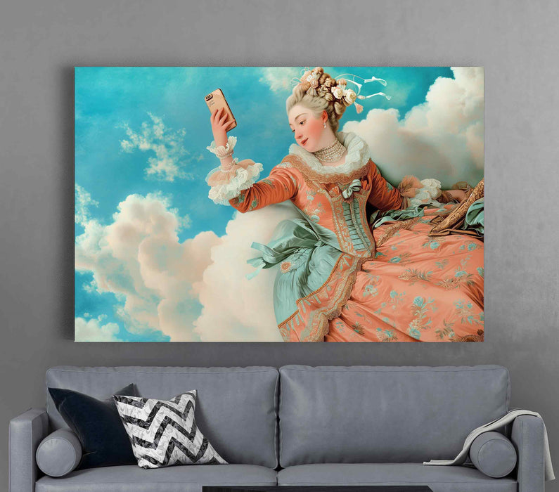 Exquisite Marie Antoinette Beautiful on canvas with phone Vintage girl on clouds Victorian style Paper Poster or Canvas Print Framed Wall Art