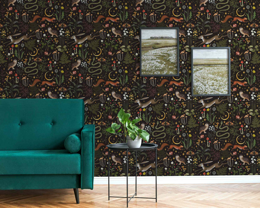 Vintage Mushroom Forest animals on Self-Adhesive Fabric or Non-Woven Wallpaper