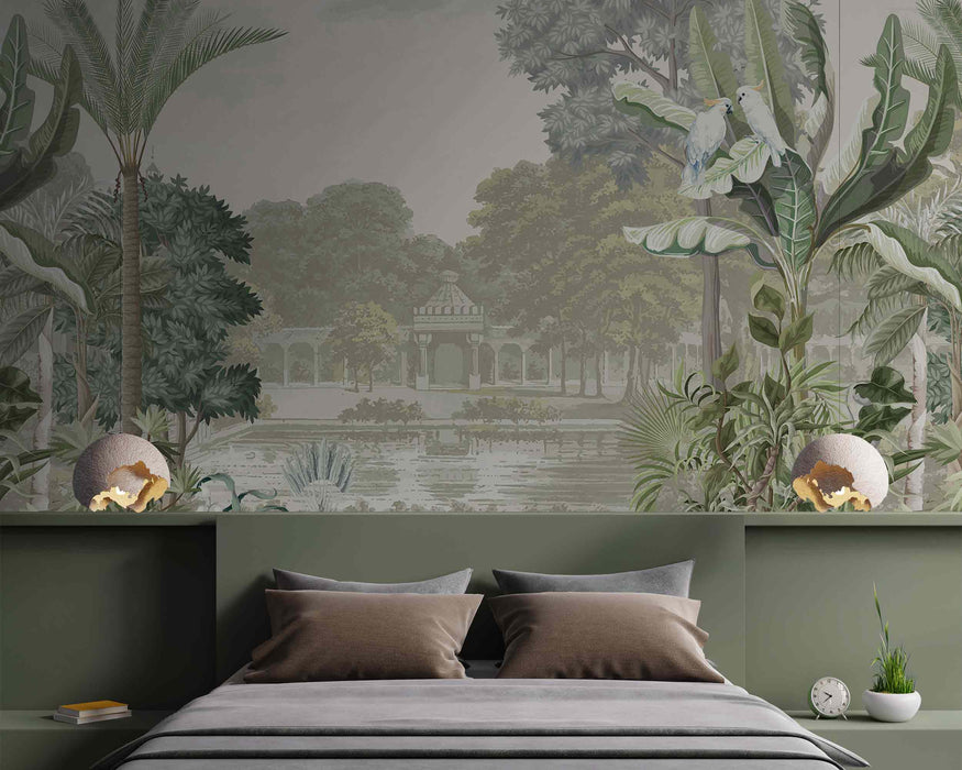 Park with Exotic Plants and Arches on Self-Adhesive Fabric or Non-Woven Wallpaper