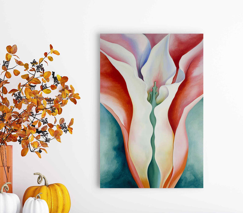 Calla lily, a beautiful delicate calla lily flower in red and pink color with green leaves Paper poster or canvas with print framed wall art