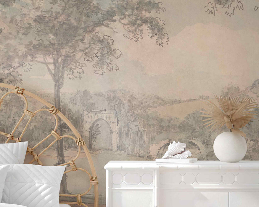 Pastel Rural Scene Wallpaper Self-Adhesive Fabric or Non-Woven Rustic Landscape with Trees Mural Vintage Nature Wall Art Decor