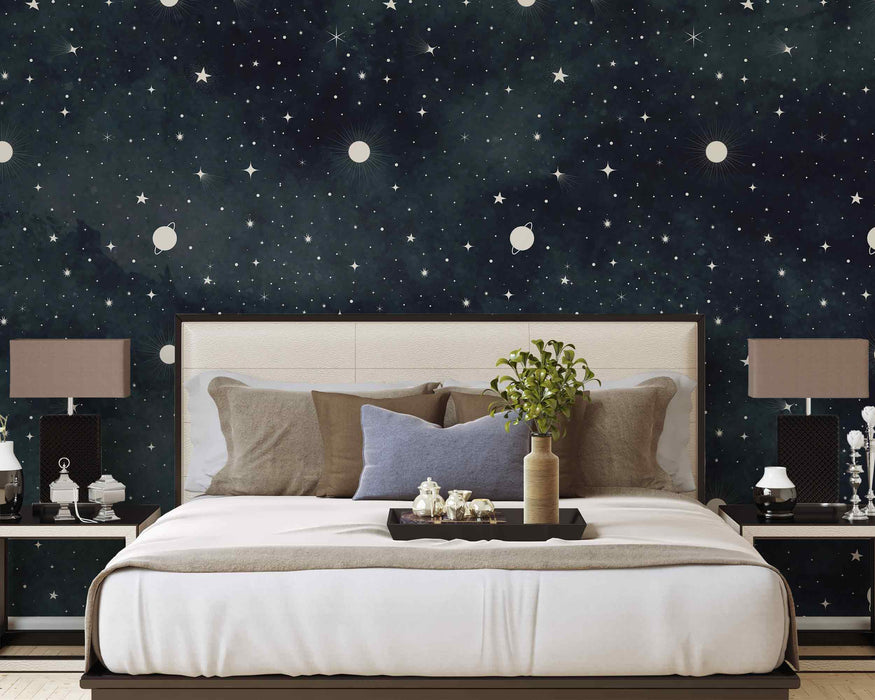 Dark Green Wallpaper with Stars Self-Adhesive Fabric or Non-Woven Space Planets Mural Starry Night Sky Wall Art