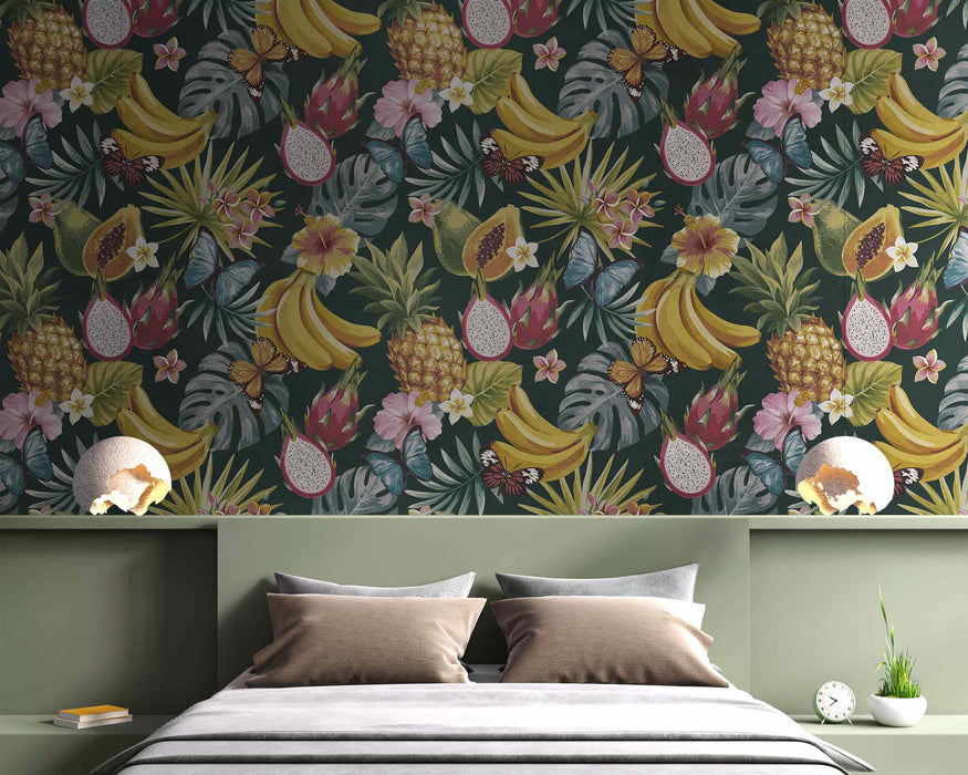 Bright Exotic Fruits on a Black Background on Self-Adhesive Fabric or Non-Woven Wallpaper