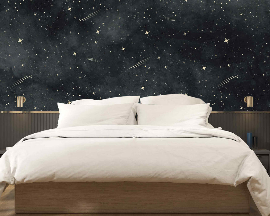 Dark Wallpaper with Stars Self-Adhesive Fabric or Non-Woven Wallpaper Starry Sky Space Planets Mural Modern Minimalistic Wall Art