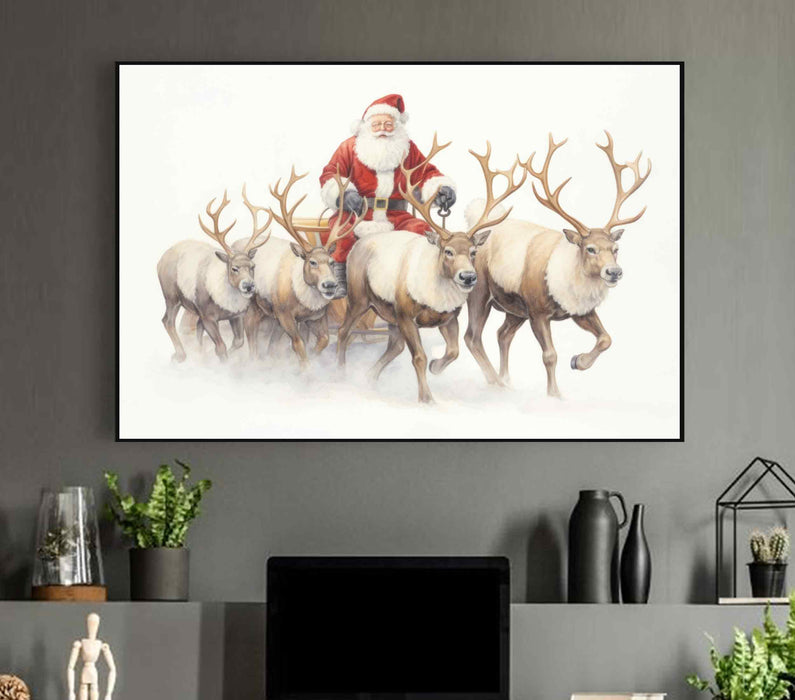 Santa Claus with Reindeer Christmas Picture Paper Poster or Canvas Print Framed Wall Art